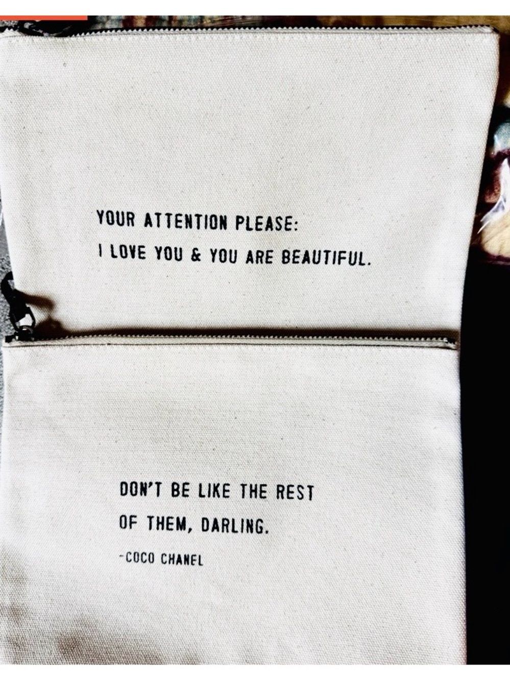 Natural Canvas (2) Inspirational Coco Chanel Quote Zip Travel Pouches NWT